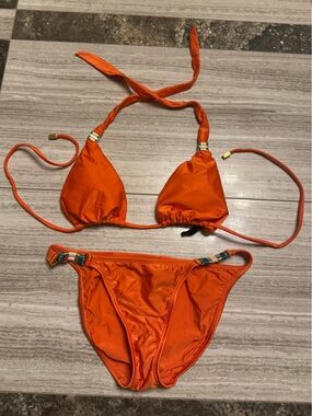 Vix Bright Orange Triangle String Bikini with Beaded Accents